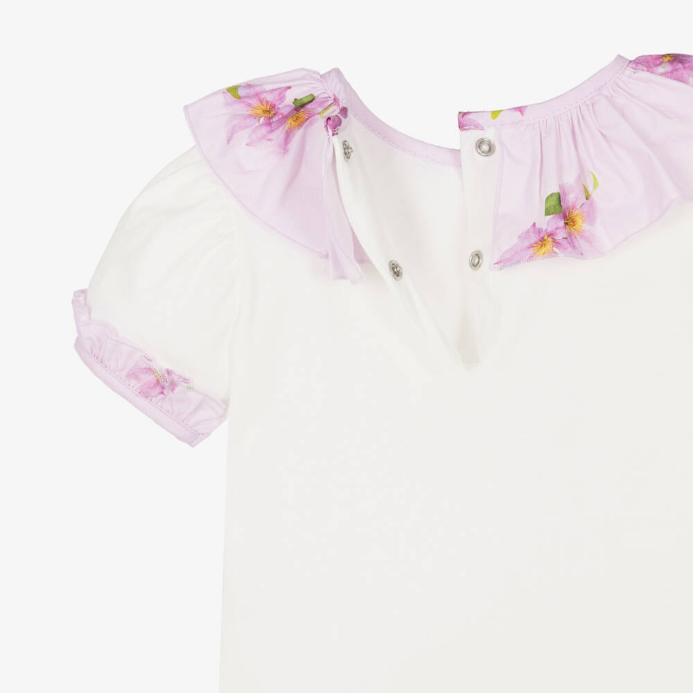 Phi Clothing-Girls White Cotton T-Shirt with Lilac Pink Floral Trims | Childrensalon