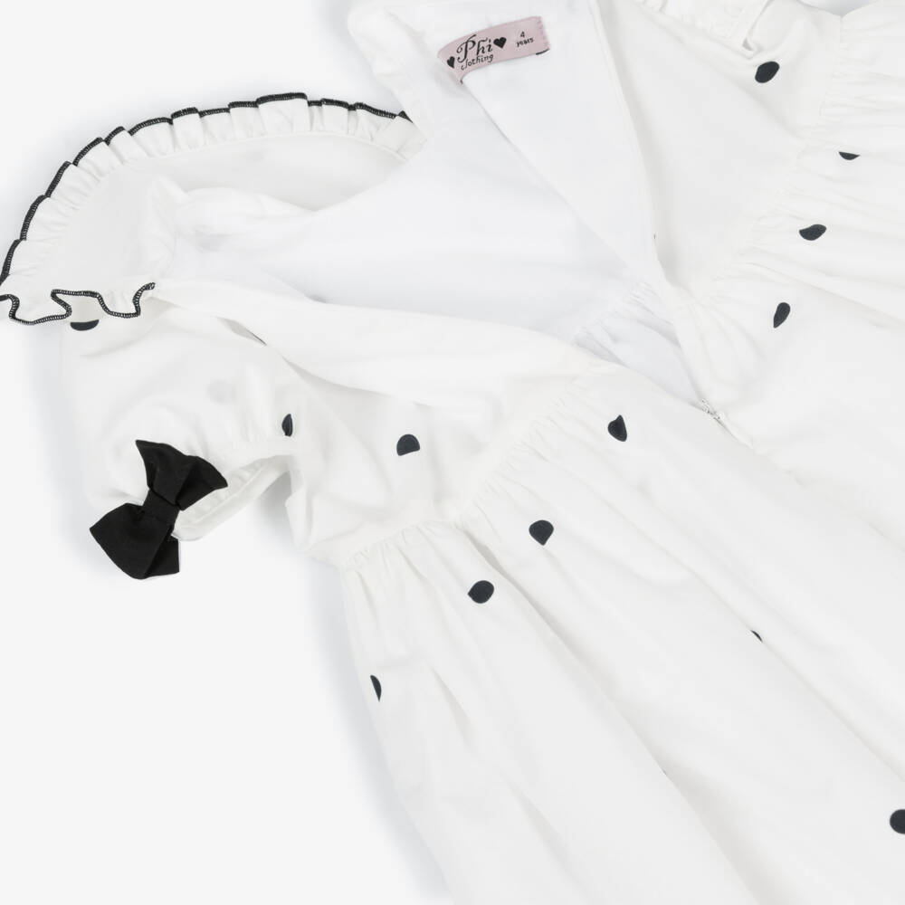Phi Clothing-فستان قطن لون أبيض بنقاط سوداء للبنات | Childrensalon