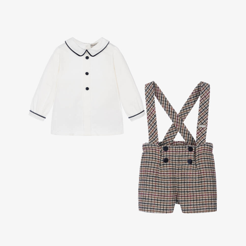 Piccola Speranza-Baby Boys Ivory & Beige Houndstooth Shorts Set | Childrensalon