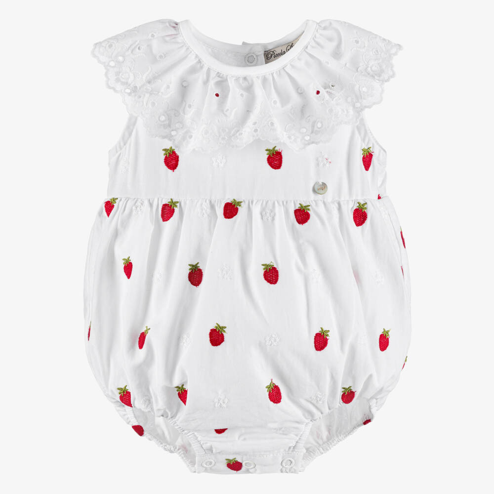 Piccola Speranza-Baby Girls White Cotton Shortie with Embroidered Strawberries | Childrensalon