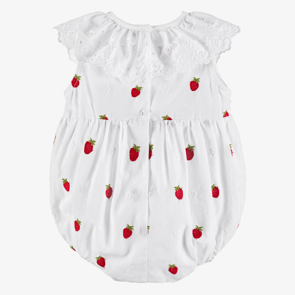 Piccola Speranza-Baby Girls White Cotton Shortie with Embroidered Strawberries | Childrensalon
