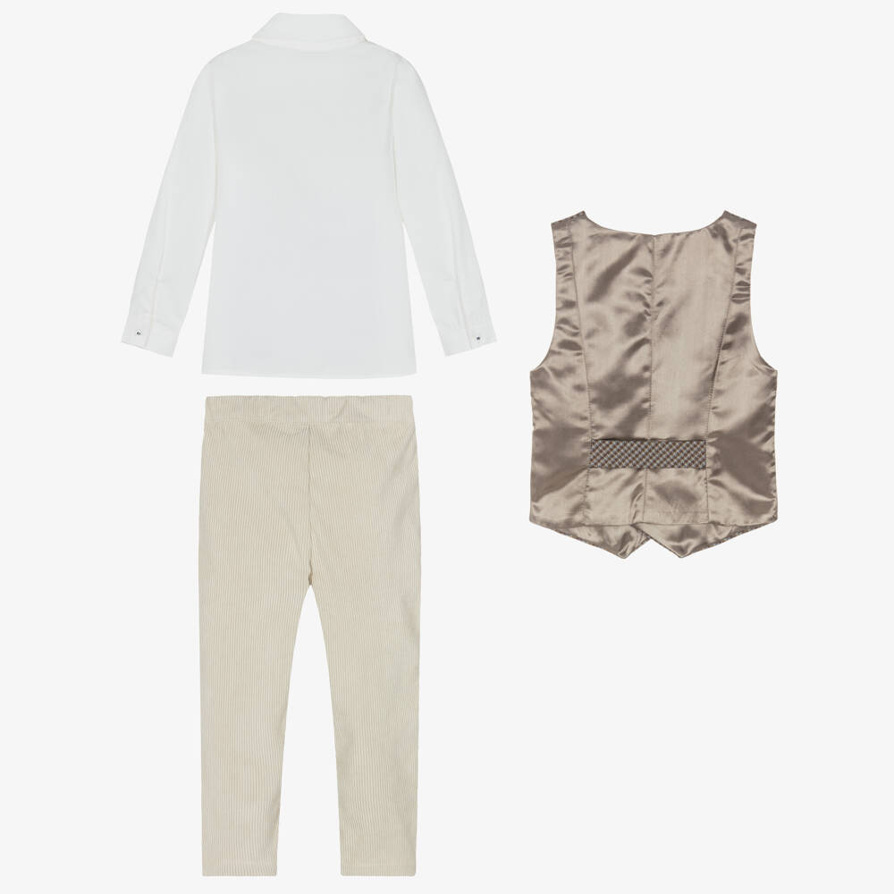Piccola Speranza-Boys Beige Corduroy Trouser Suit with Bow Tie & Waistcoat | Childrensalon