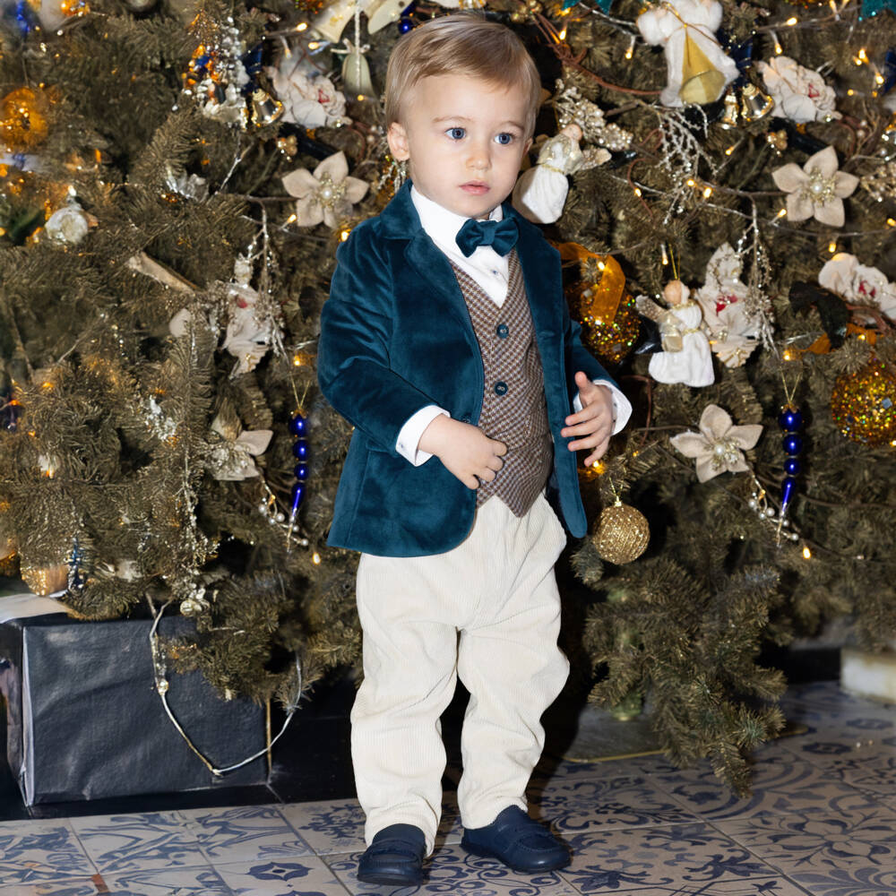 Piccola Speranza-Boys Beige Corduroy Trouser Suit with Bow Tie & Waistcoat | Childrensalon