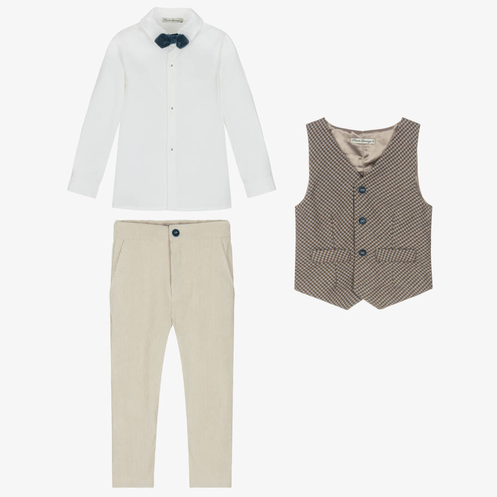 Piccola Speranza-Boys Beige Corduroy Trouser Suit with Bow Tie & Waistcoat | Childrensalon