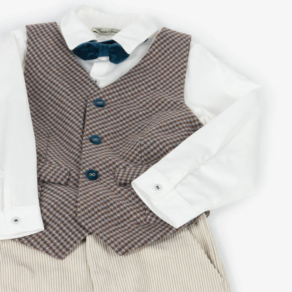 Piccola Speranza-Boys Beige Corduroy Trouser Suit with Bow Tie & Waistcoat | Childrensalon