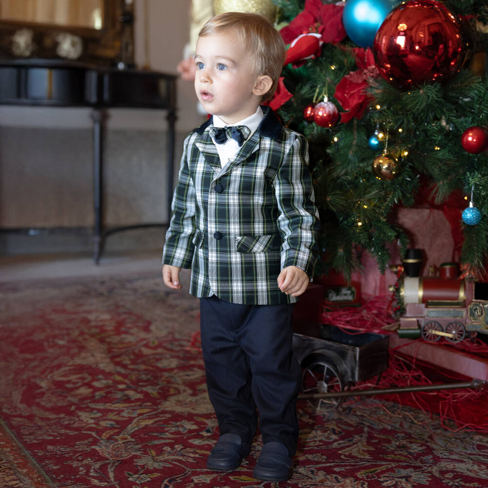 Piccola Speranza-Boys Blue & Green Tartan Blazer with Velvet Collar | Childrensalon