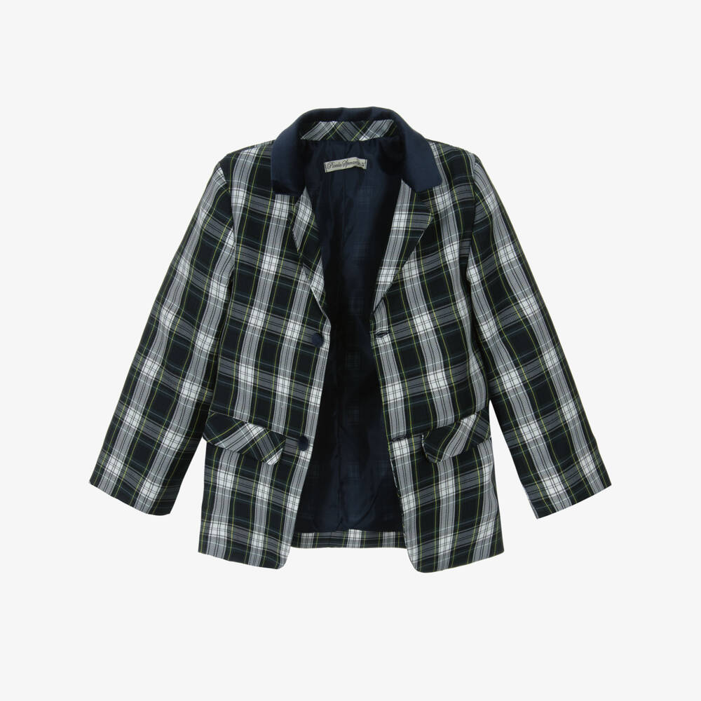 Piccola Speranza-Boys Blue & Green Tartan Blazer with Velvet Collar | Childrensalon