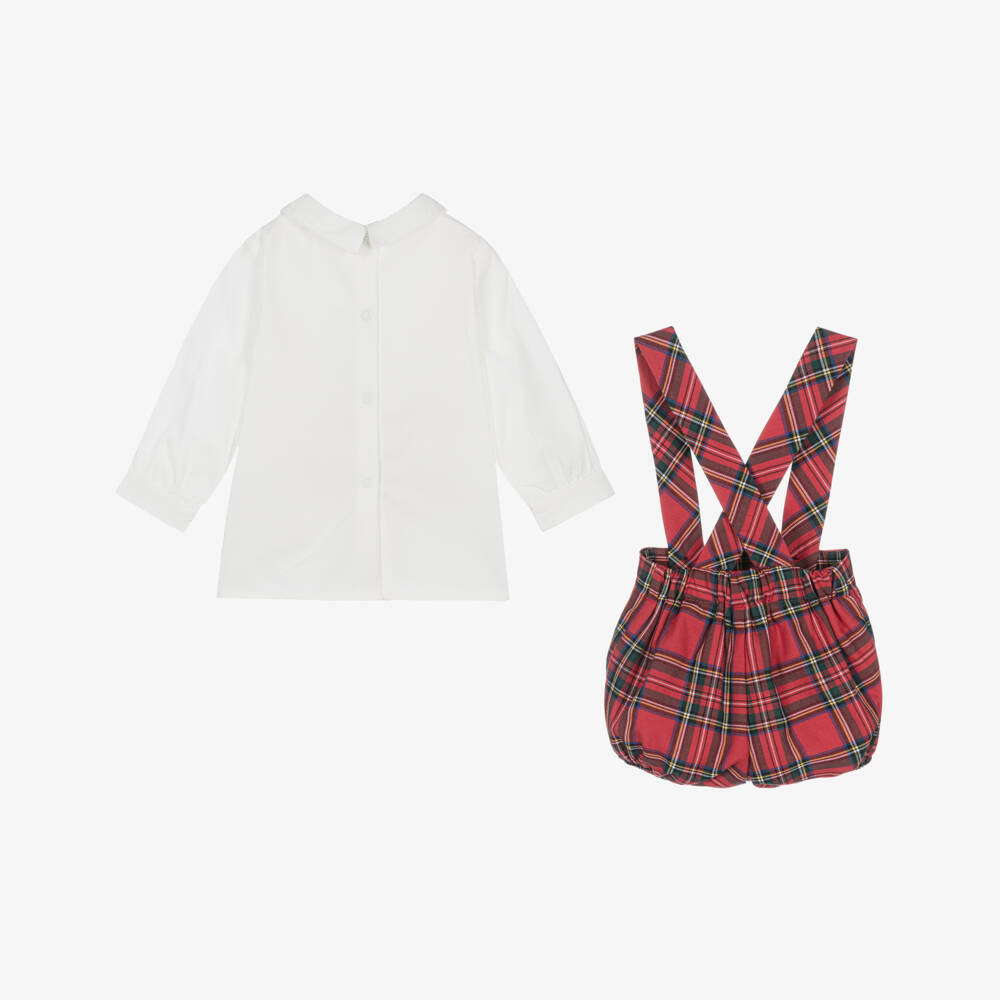 Piccola Speranza-Boys Ivory & Red Tartan Cotton Shorts Set | Childrensalon