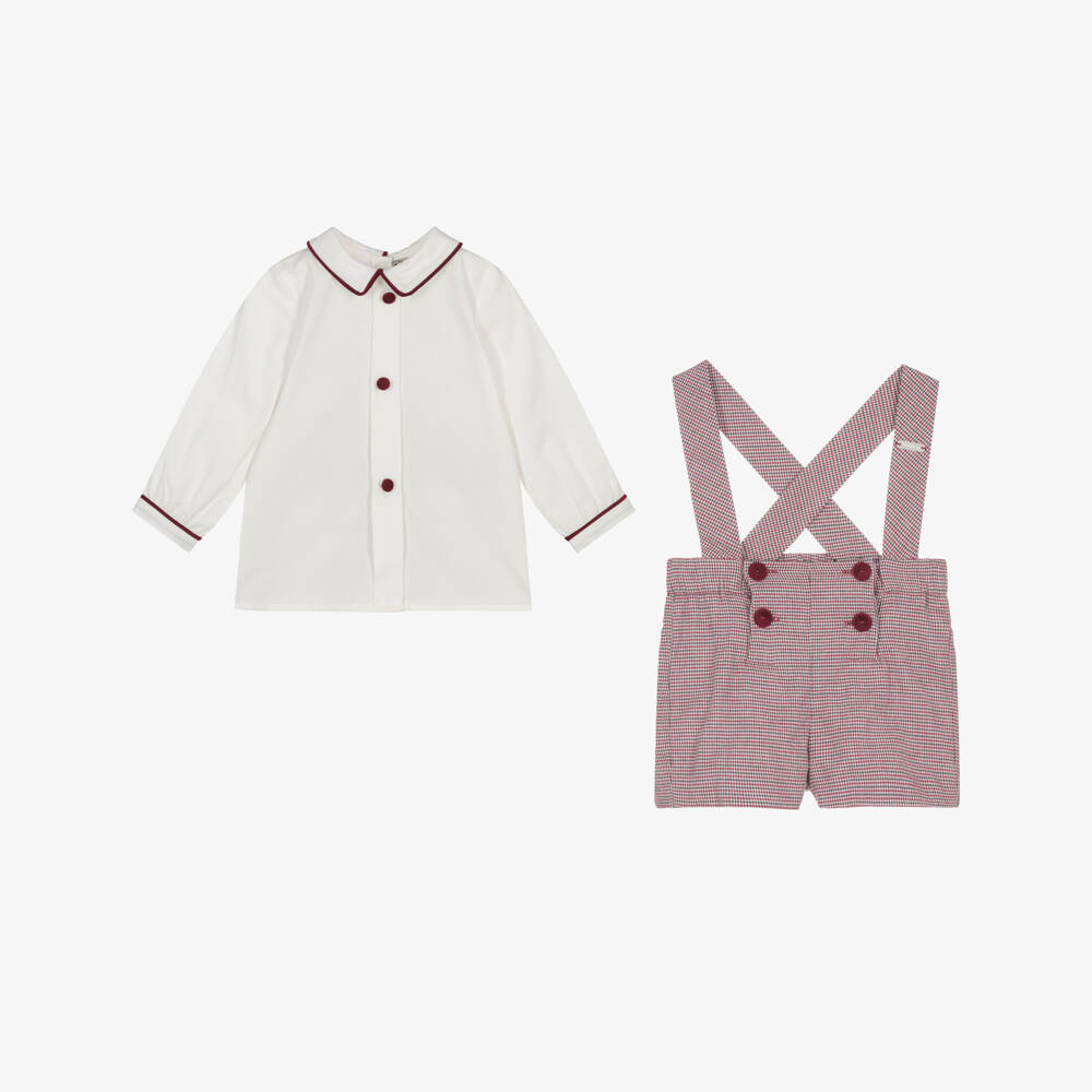 Piccola Speranza-Boys Ivory Shirt & Burgundy Houndstooth Shorts Set | Childrensalon