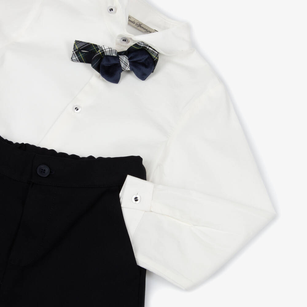 Piccola Speranza-Boys White & Navy Blue Trouser Set with Tartan Bow Tie | Childrensalon