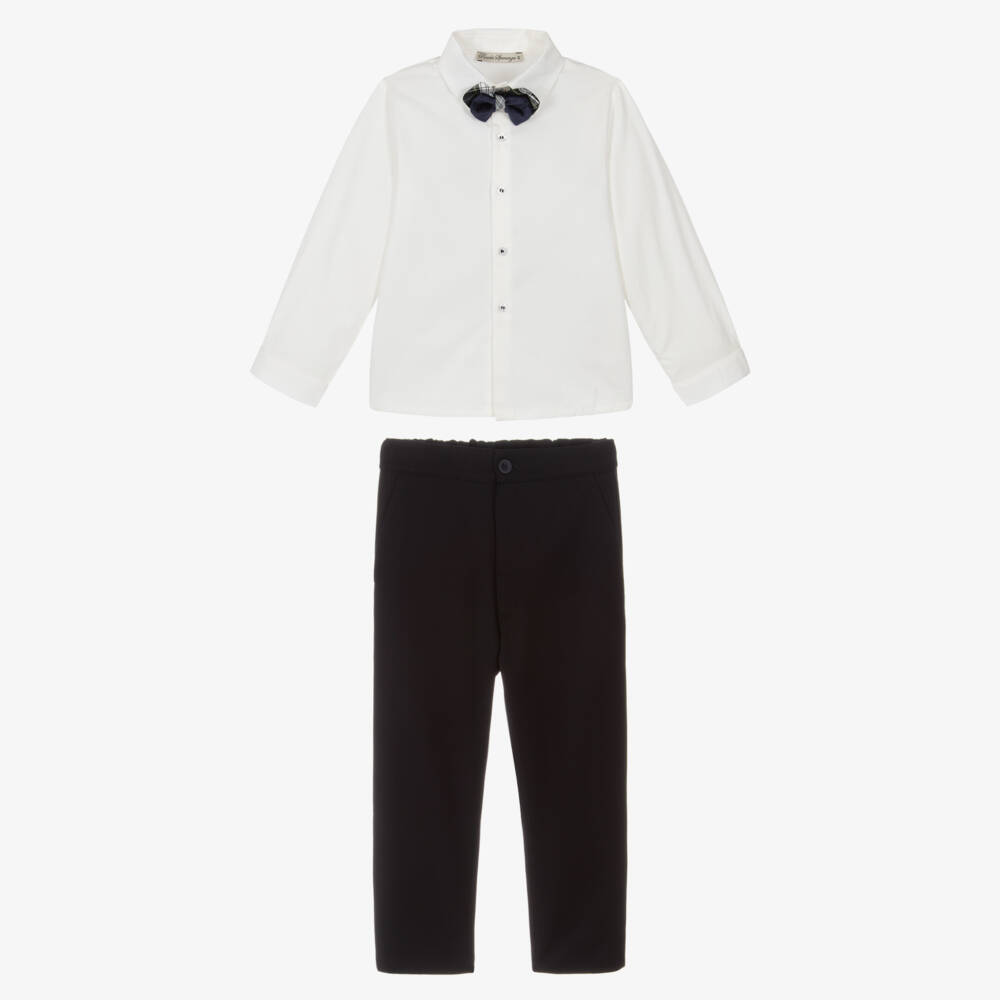 Piccola Speranza-Boys White & Navy Blue Trouser Set with Tartan Bow Tie | Childrensalon