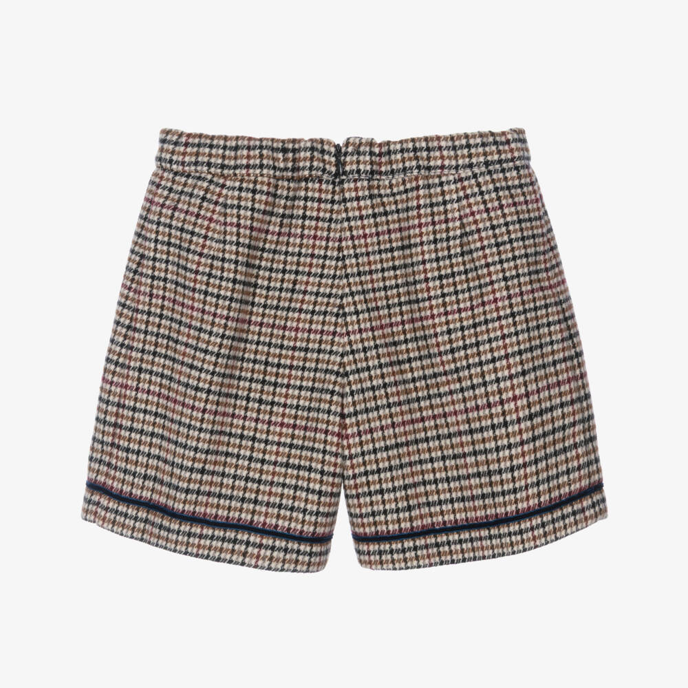Piccola Speranza-Girls Beige & Brown Houndstooth Shorts | Childrensalon