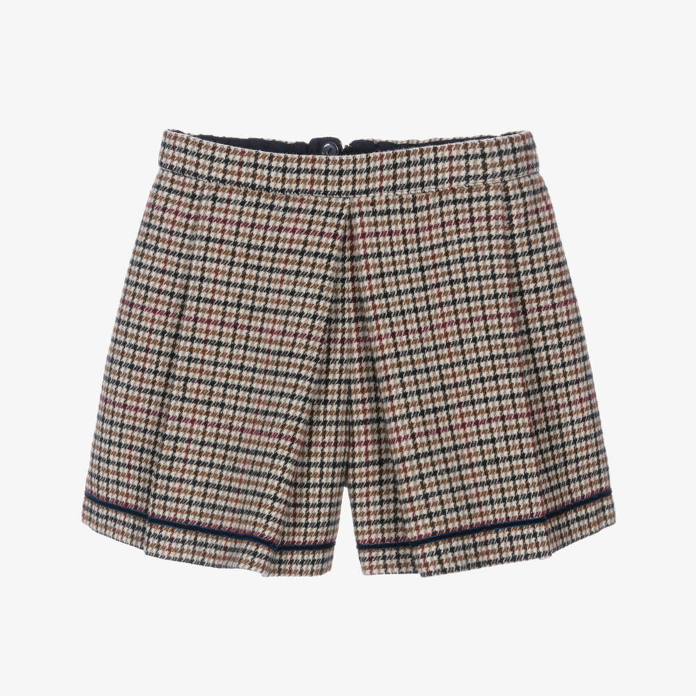 Piccola Speranza-Girls Beige & Brown Houndstooth Shorts | Childrensalon