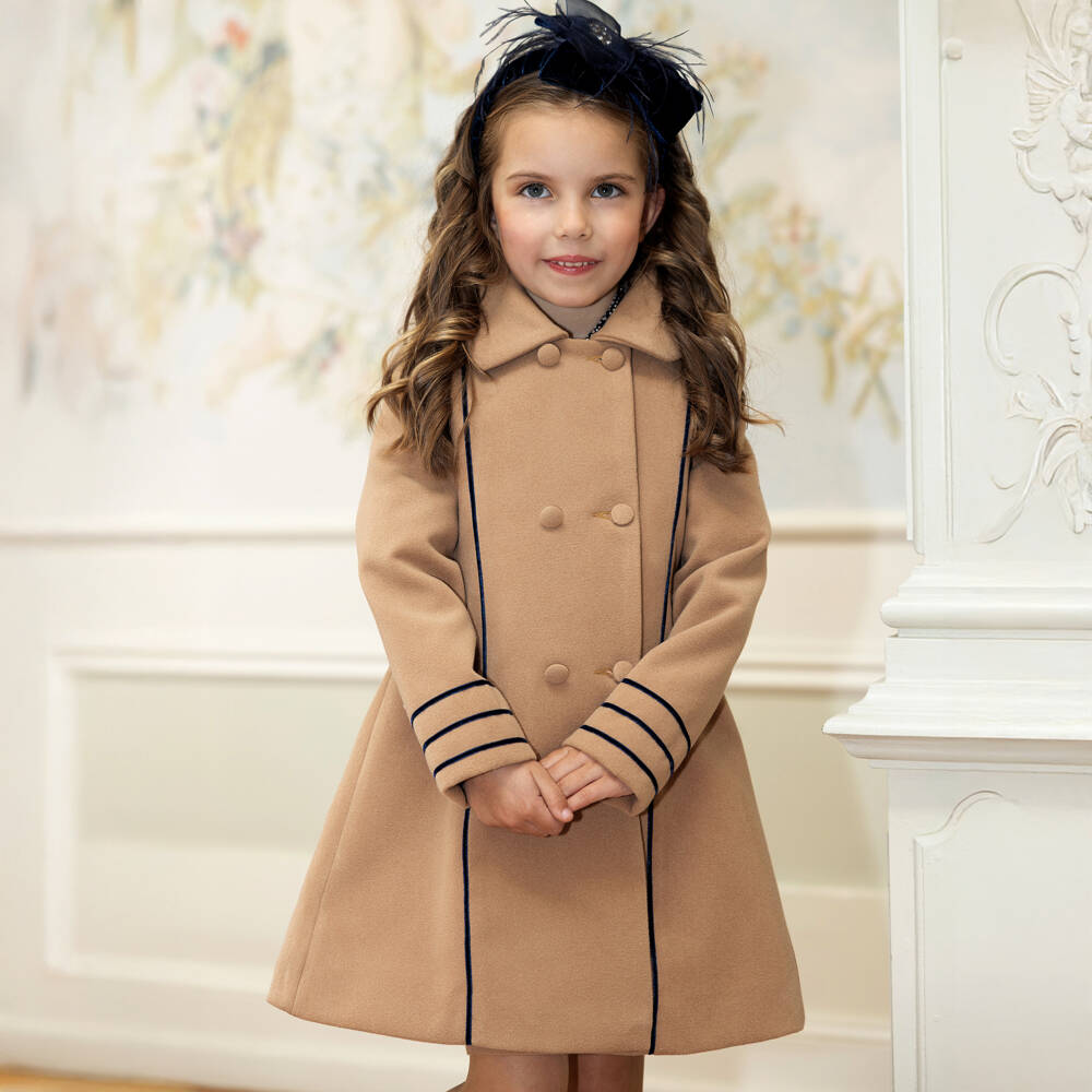 Piccola Speranza-Girls Beige Felted Coat with Navy Blue Trim | Childrensalon