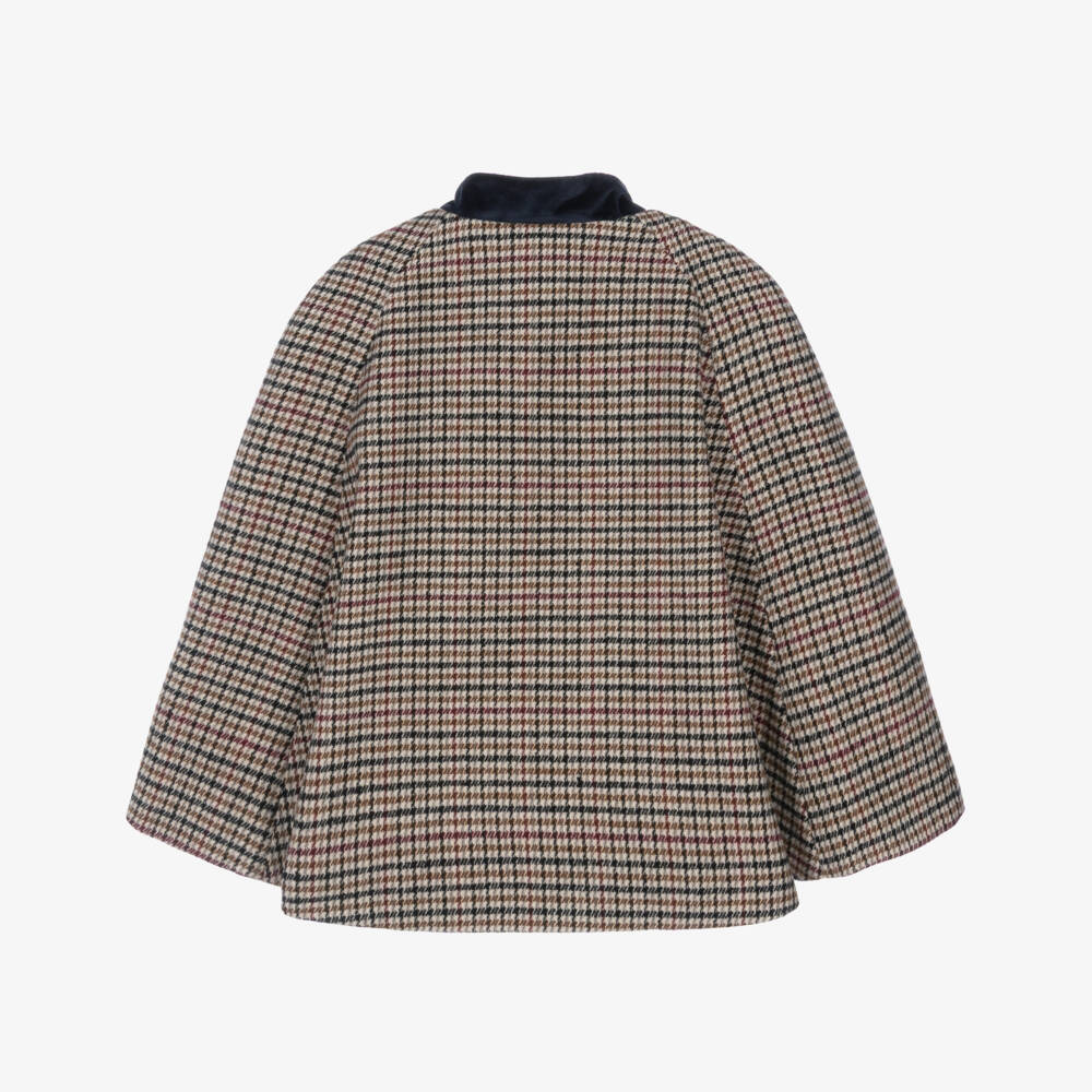 Piccola Speranza-Girls Beige Houndstooth Cape with Navy Blue Velvet Collar | Childrensalon