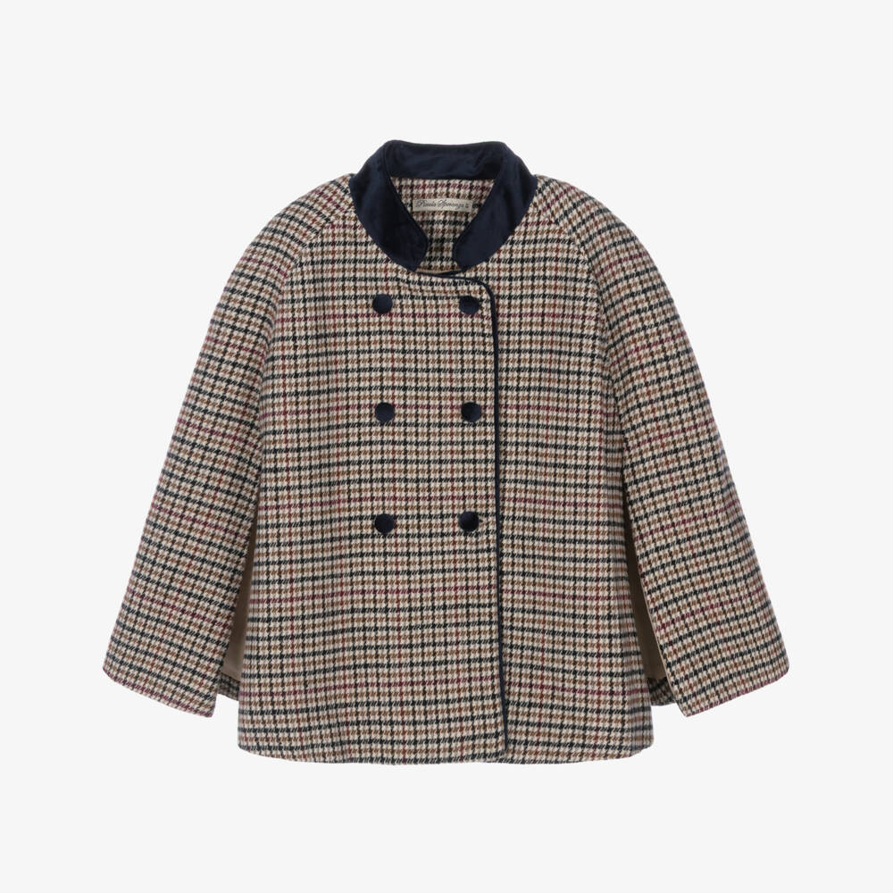 Piccola Speranza-Girls Beige Houndstooth Cape with Navy Blue Velvet Collar | Childrensalon