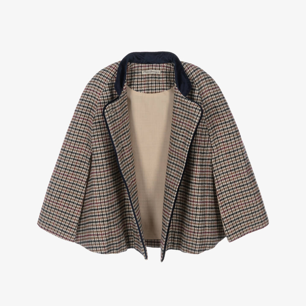 Piccola Speranza-Girls Beige Houndstooth Cape with Navy Blue Velvet Collar | Childrensalon