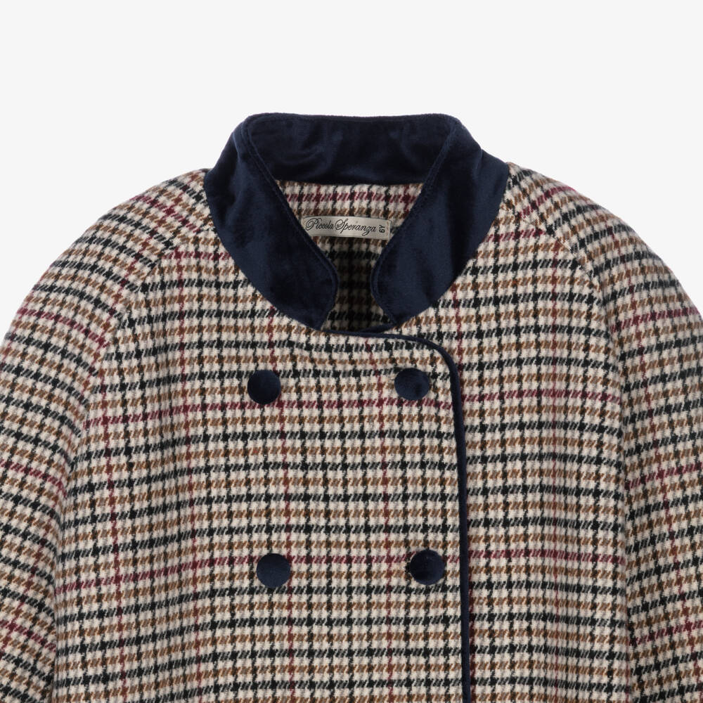 Piccola Speranza-Girls Beige Houndstooth Cape with Navy Blue Velvet Collar | Childrensalon