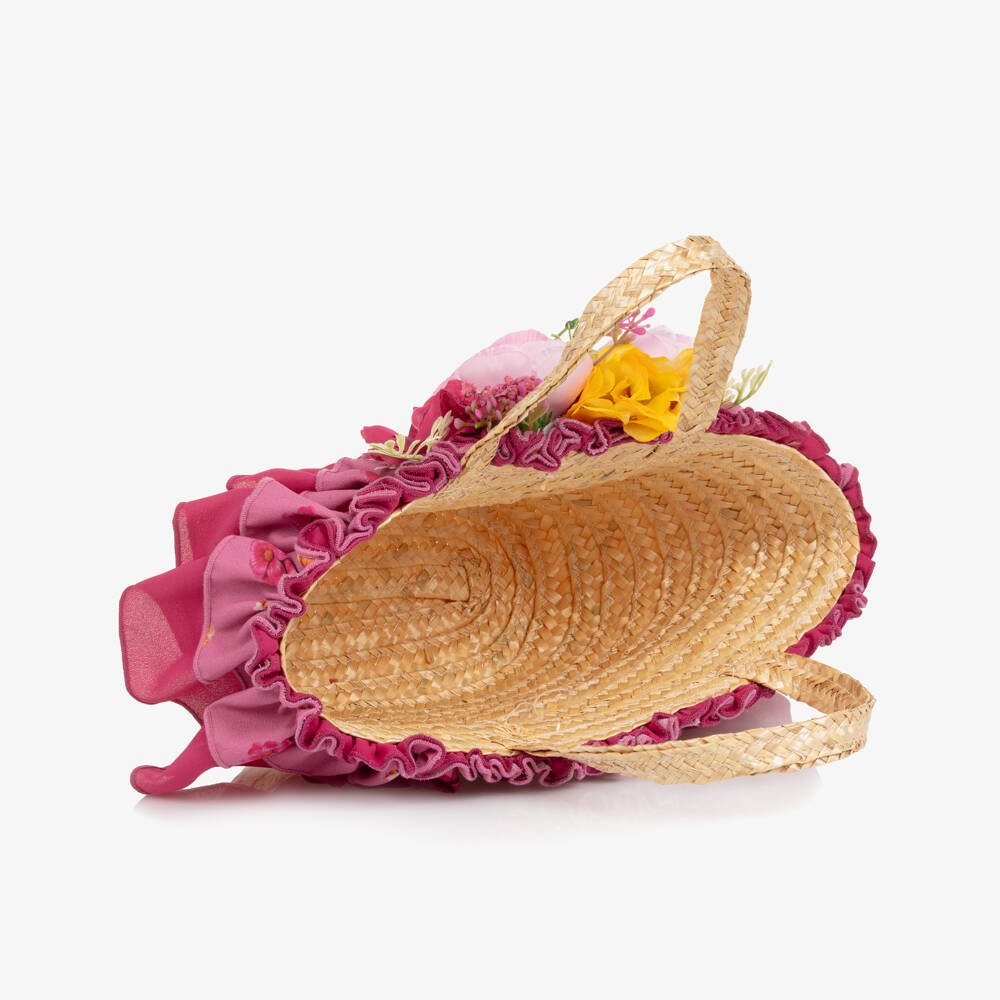 Piccola Speranza-Girls Beige Straw Bag with Pink Flowers (28cm) | Childrensalon