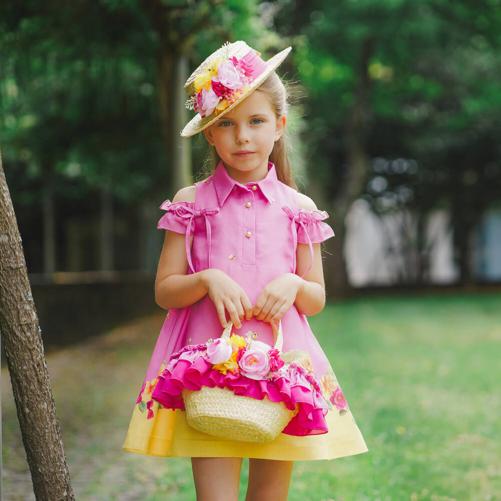 Piccola Speranza-Girls Beige Straw Bag with Pink Flowers (28cm) | Childrensalon