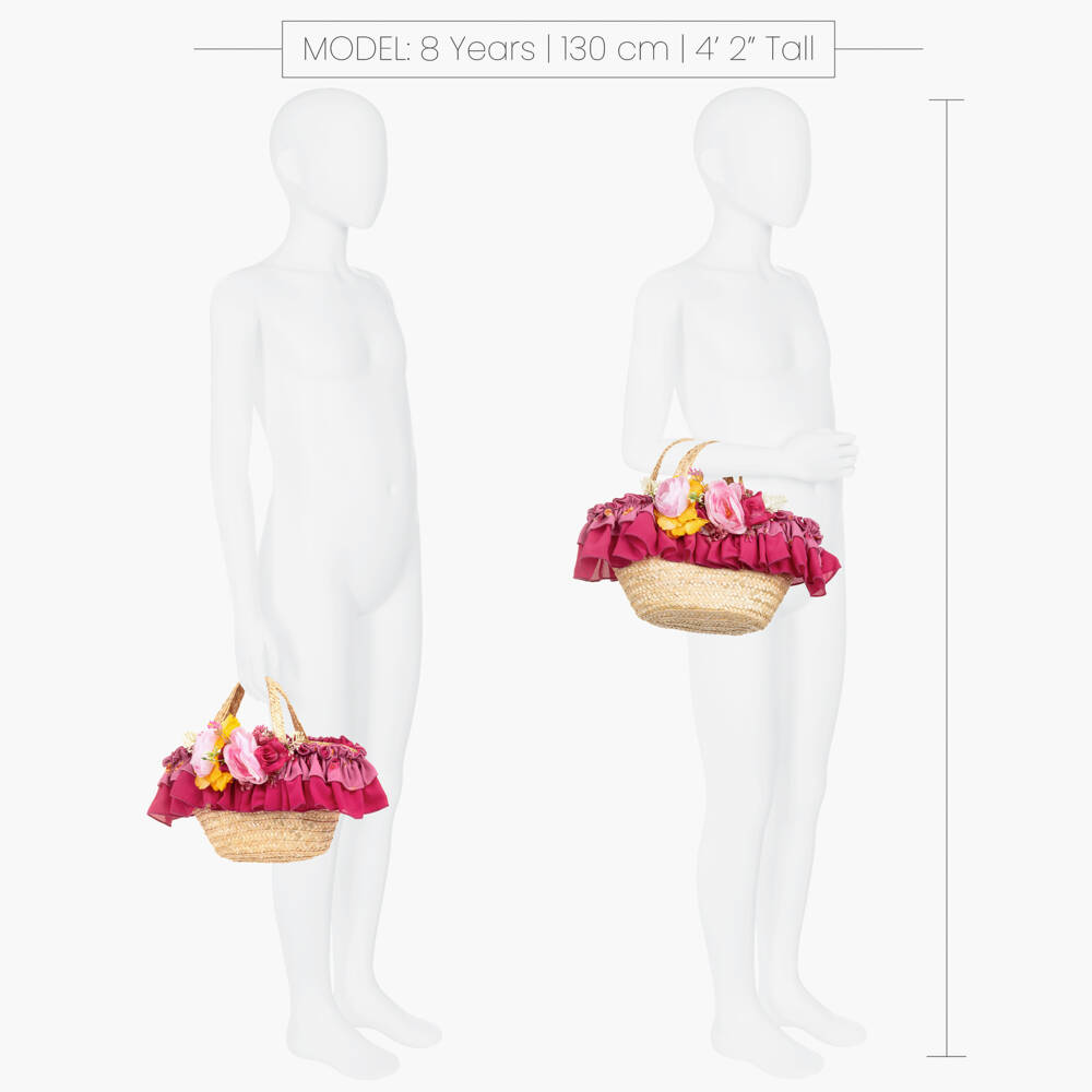 Piccola Speranza-Girls Beige Straw Bag with Pink Flowers (28cm) | Childrensalon