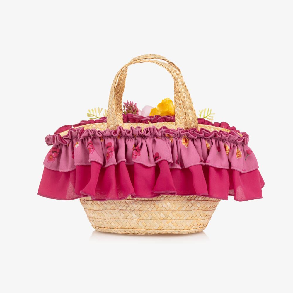 Piccola Speranza-Girls Beige Straw Bag with Pink Flowers (28cm) | Childrensalon