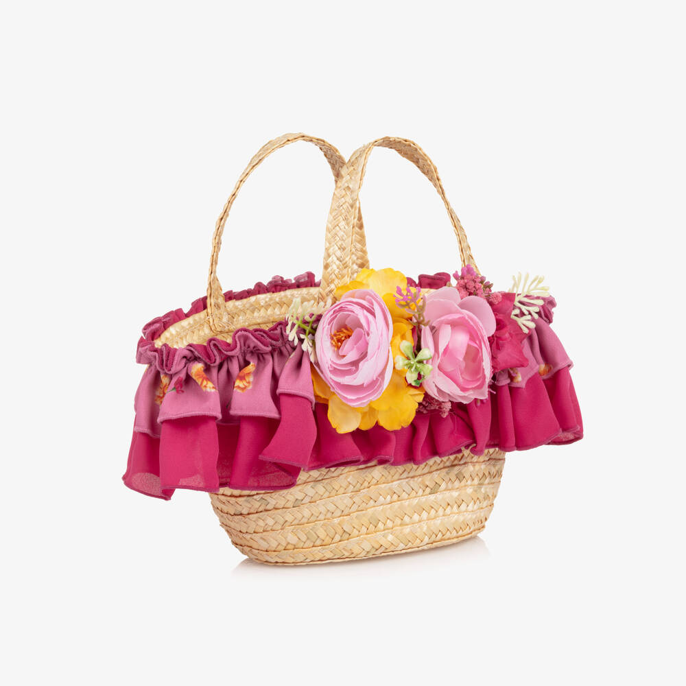 Piccola Speranza-Girls Beige Straw Bag with Pink Flowers (28cm) | Childrensalon