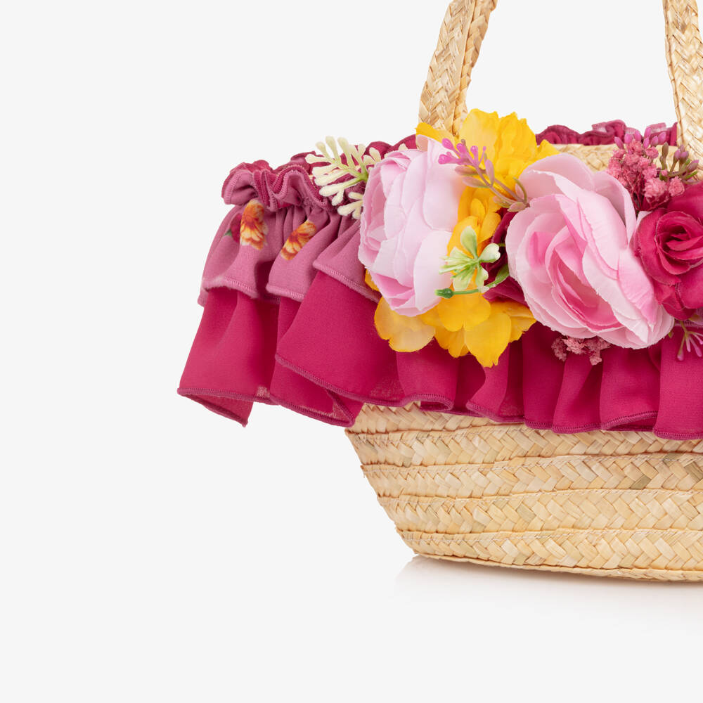 Piccola Speranza-Girls Beige Straw Bag with Pink Flowers (28cm) | Childrensalon