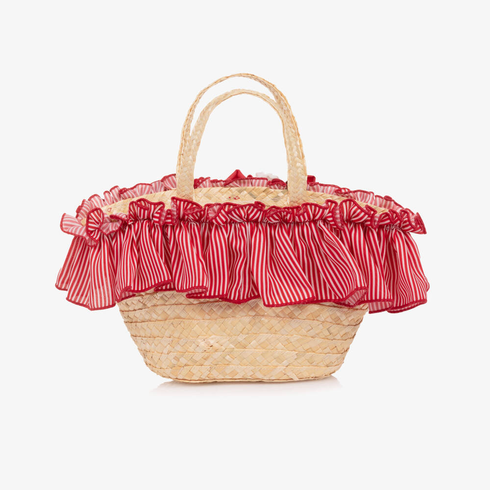 Piccola Speranza-Girls Beige Straw Bag with Red Roses (28cm) | Childrensalon