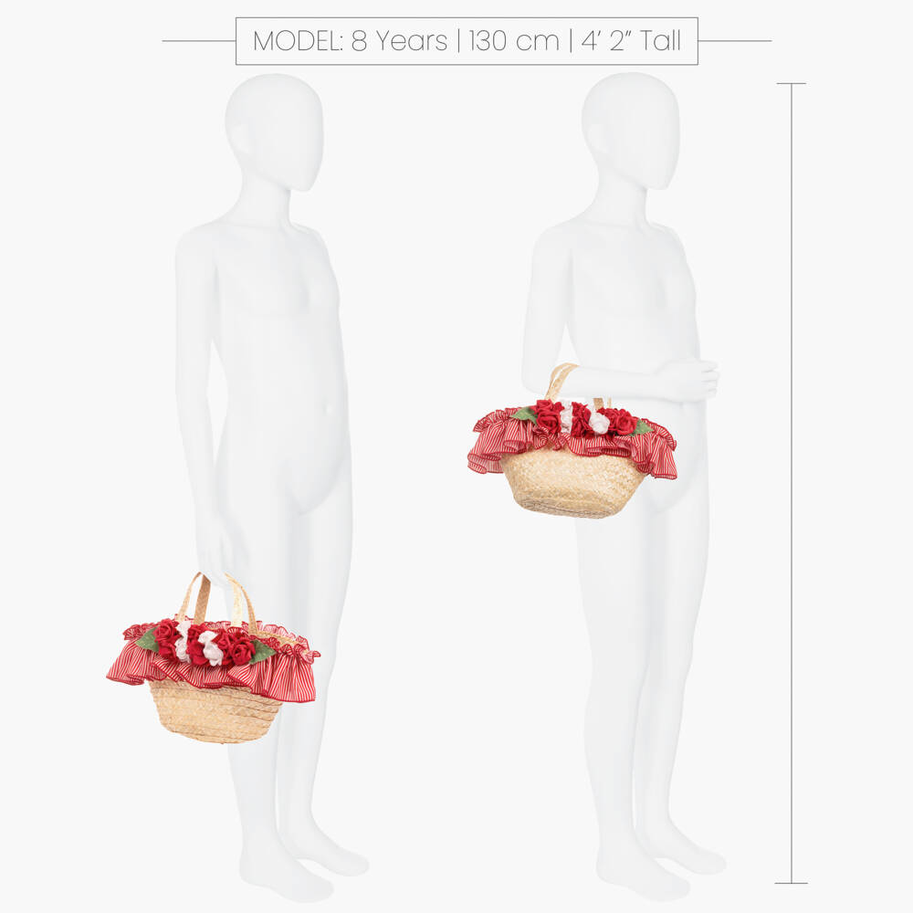 Piccola Speranza-Girls Beige Straw Bag with Red Roses (28cm) | Childrensalon