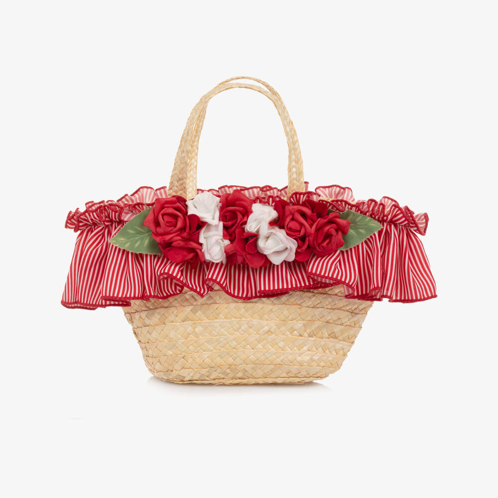 Piccola Speranza-Girls Beige Straw Bag with Red Roses (28cm) | Childrensalon