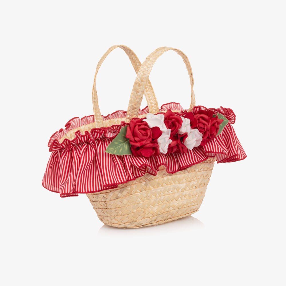 Piccola Speranza-Girls Beige Straw Bag with Red Roses (28cm) | Childrensalon