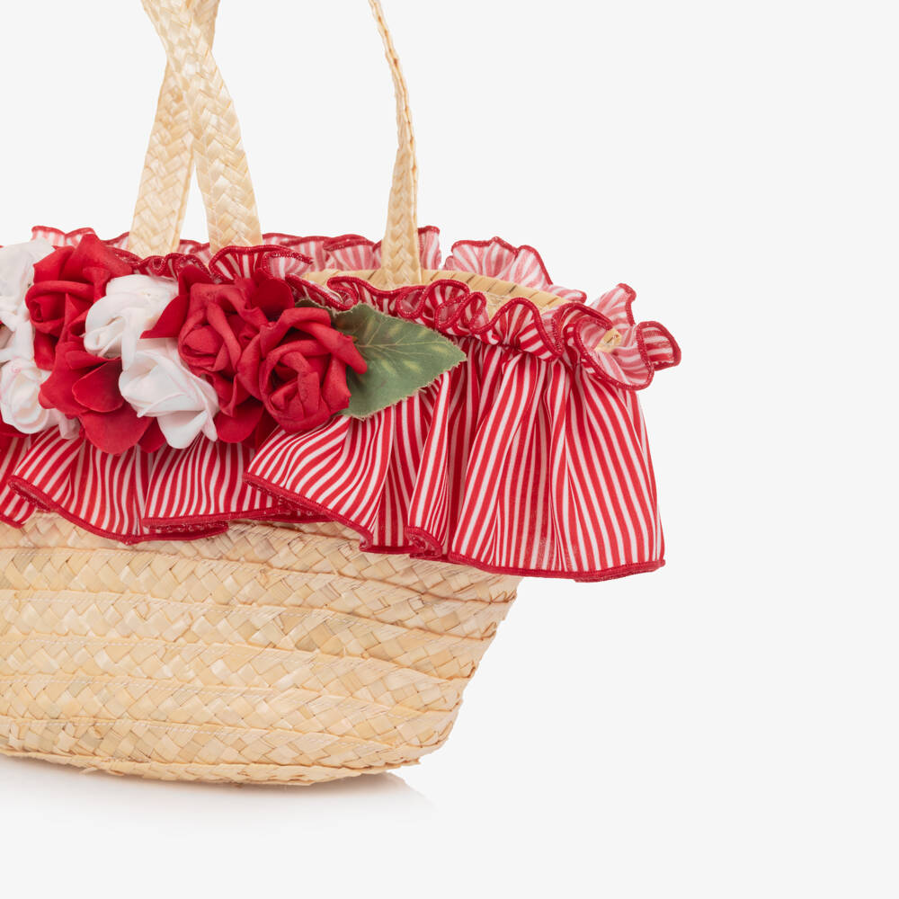 Piccola Speranza-Girls Beige Straw Bag with Red Roses (28cm) | Childrensalon
