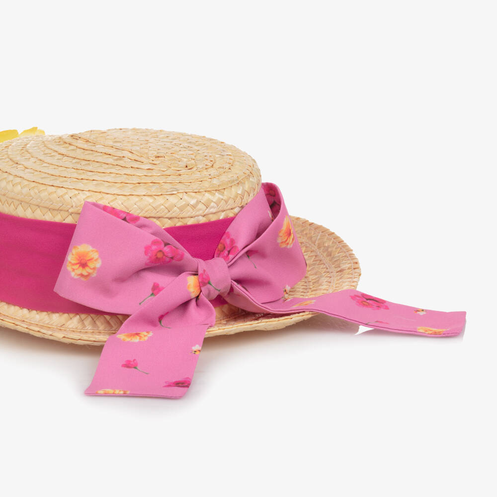 Piccola Speranza-Girls Beige Straw Hat with Pink Flowers | Childrensalon