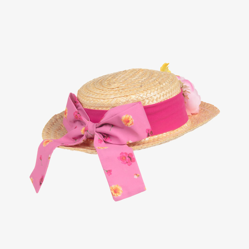 Piccola Speranza-Girls Beige Straw Hat with Pink Flowers | Childrensalon