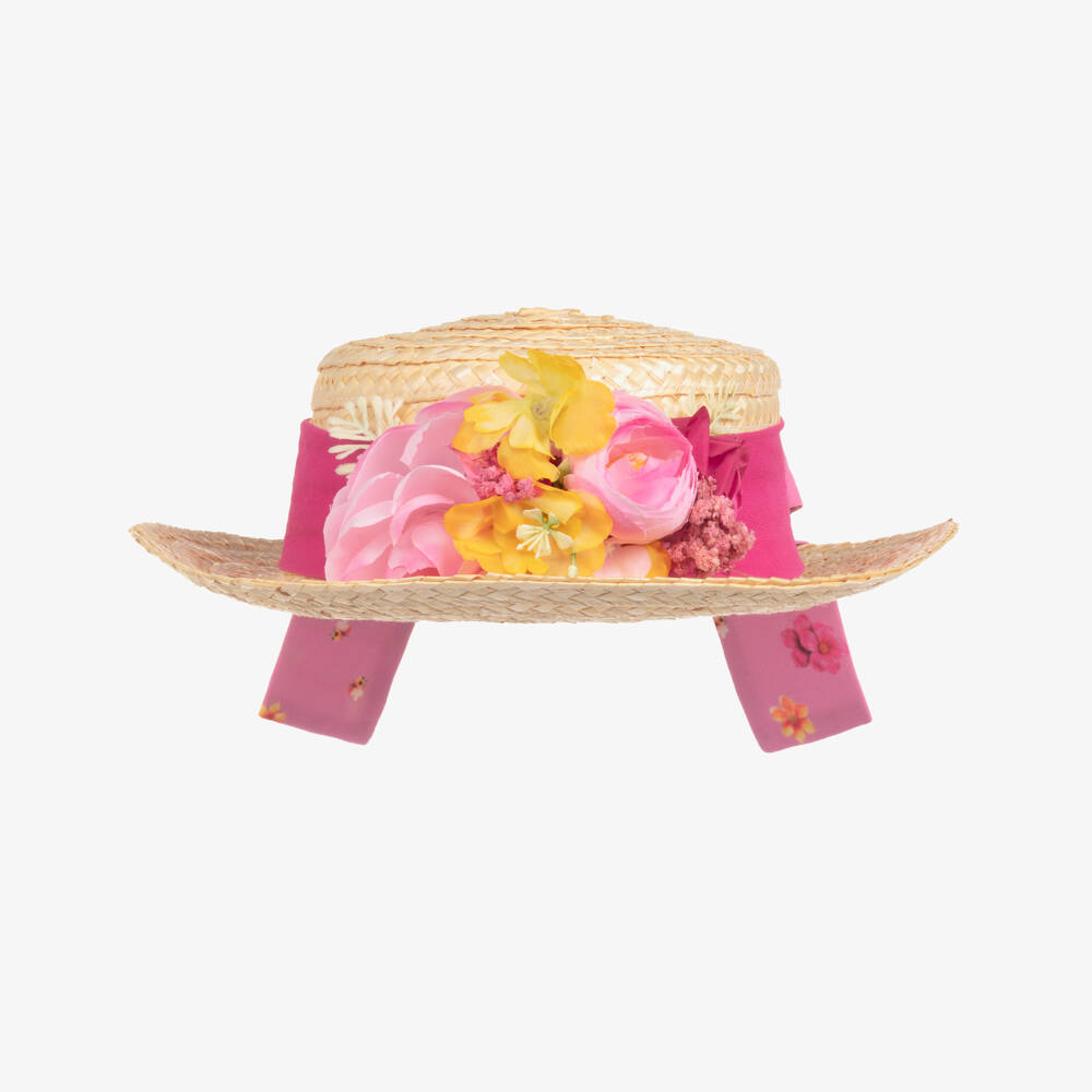 Piccola Speranza-Girls Beige Straw Hat with Pink Flowers | Childrensalon