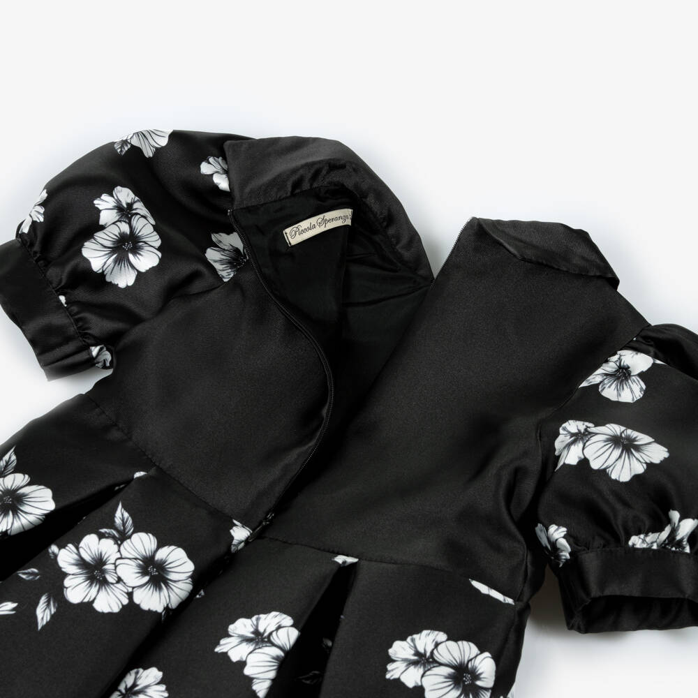 Piccola Speranza-Girls Black Floral Satin Dress with Puffed Sleeves & Box Pleats | Childrensalon