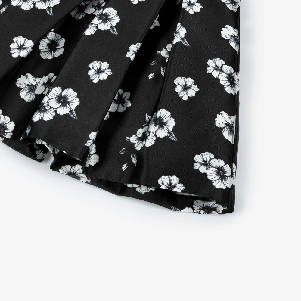 Piccola Speranza-Girls Black Floral Satin Dress with Puffed Sleeves & Box Pleats | Childrensalon