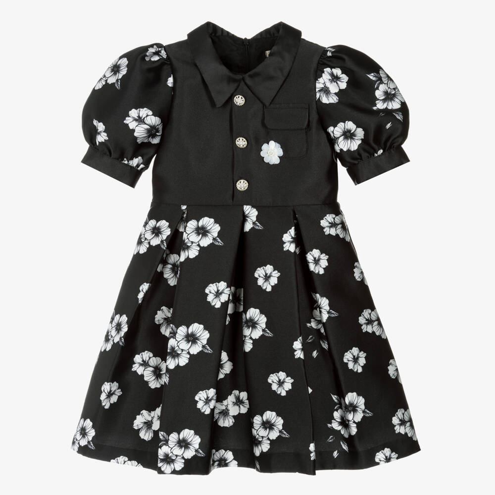 Piccola Speranza-Girls Black Floral Satin Dress with Puffed Sleeves & Box Pleats | Childrensalon