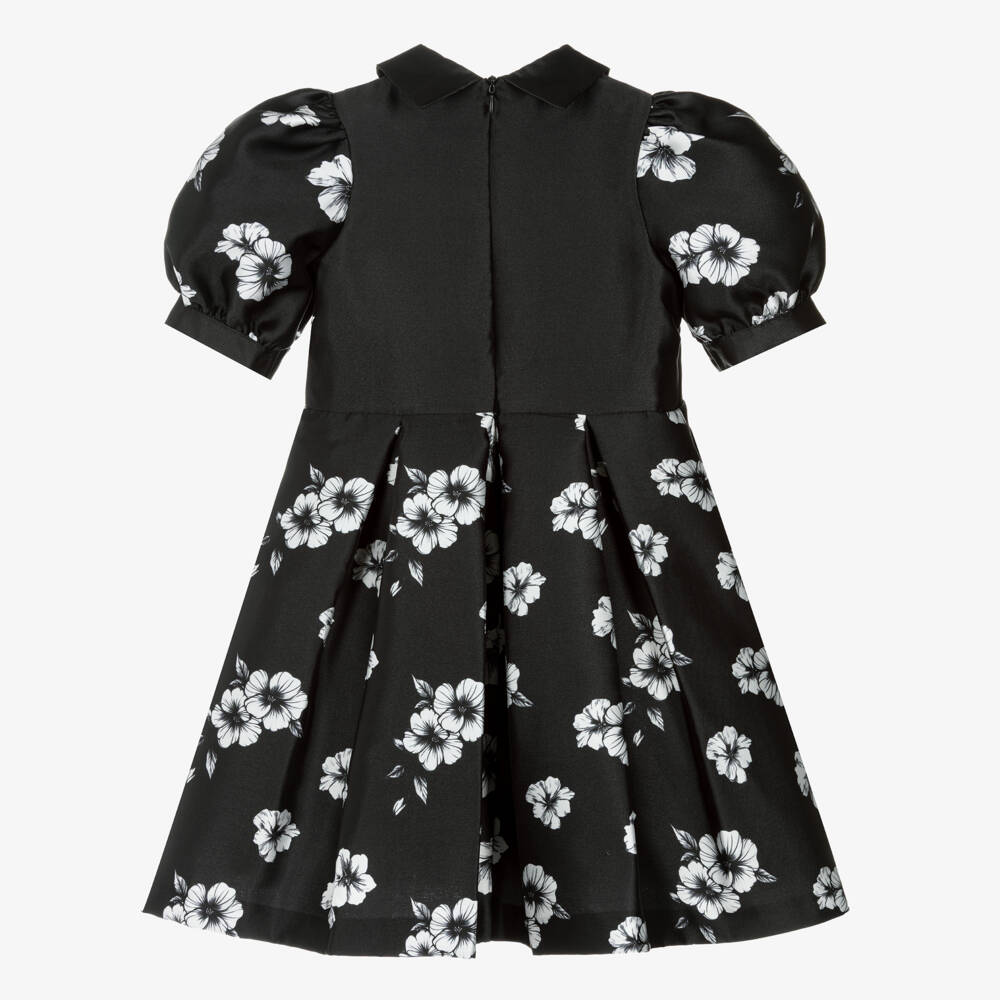 Piccola Speranza-Girls Black Floral Satin Dress with Puffed Sleeves & Box Pleats | Childrensalon