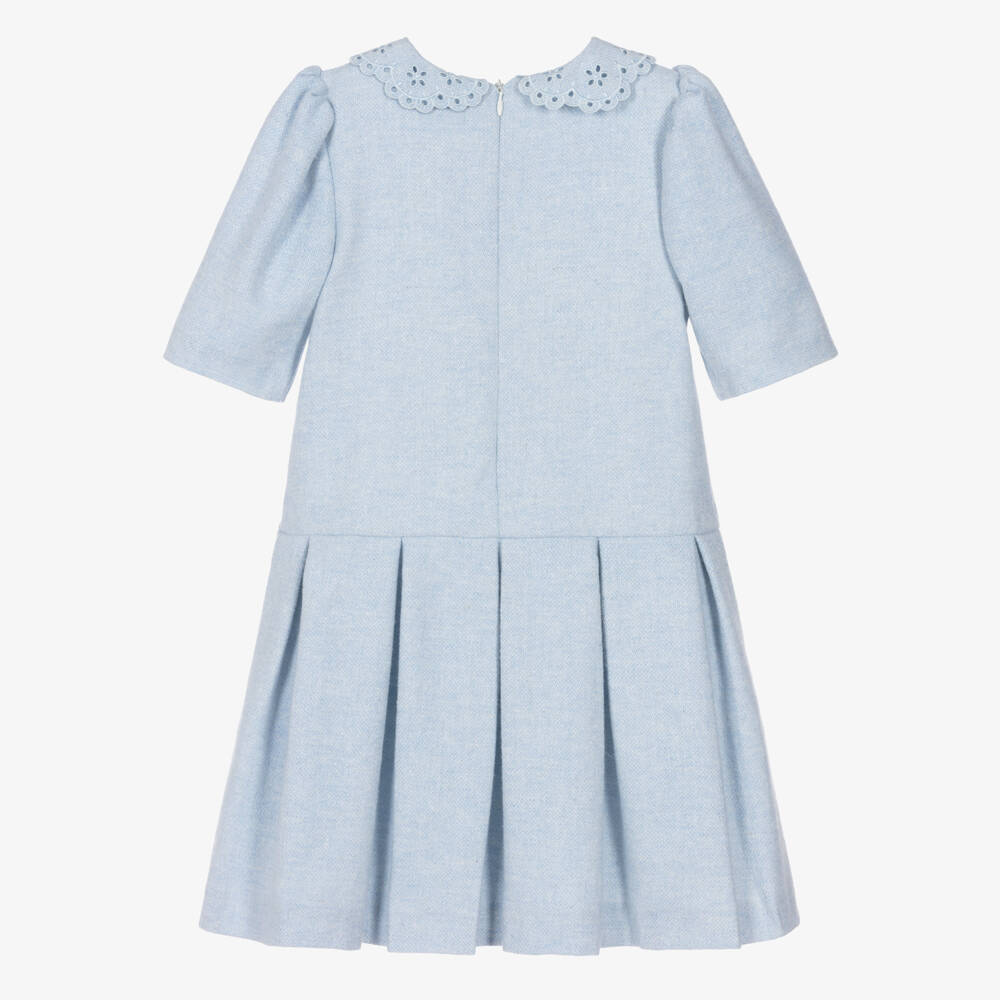 Piccola Speranza-Girls Blue Dress with Floral Cutwork Collar | Childrensalon