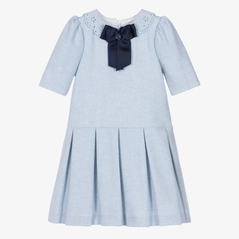 Piccola Speranza-Girls Blue Dress with Floral Cutwork Collar | Childrensalon