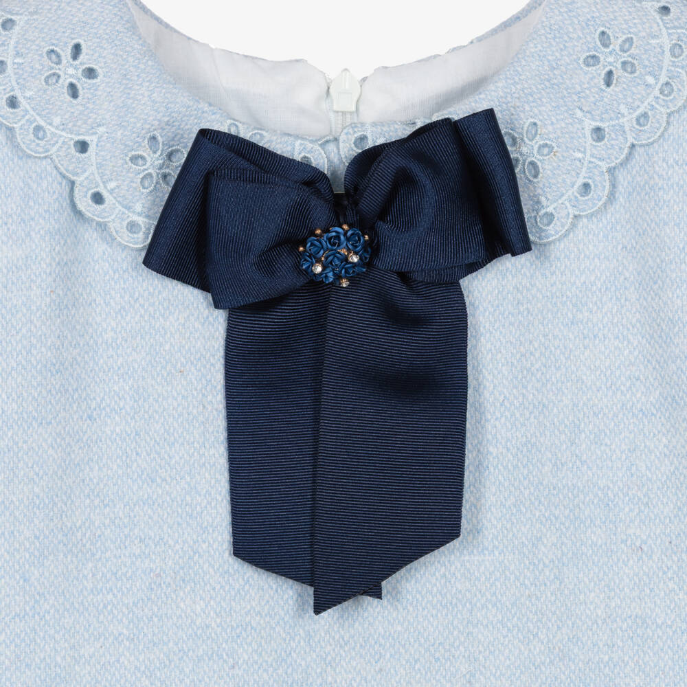Piccola Speranza-Girls Blue Dress with Floral Cutwork Collar | Childrensalon