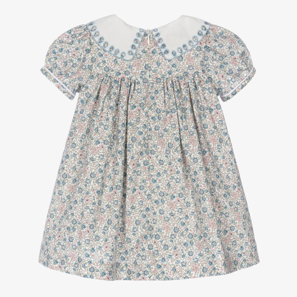 Piccola Speranza-Girls Blue Floral Cotton Dress with Embroidered Collar | Childrensalon