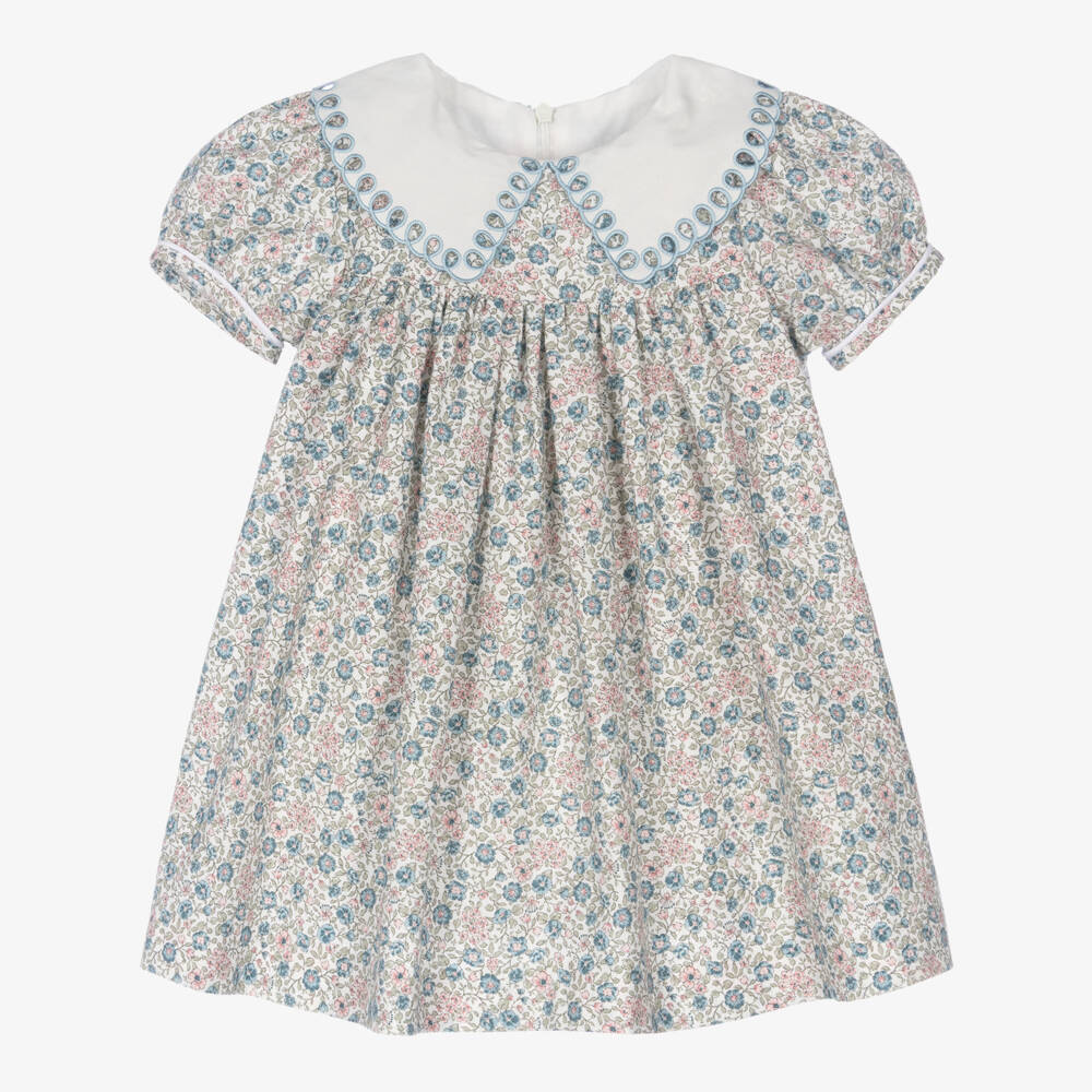 Piccola Speranza-Girls Blue Floral Cotton Dress with Embroidered Collar | Childrensalon