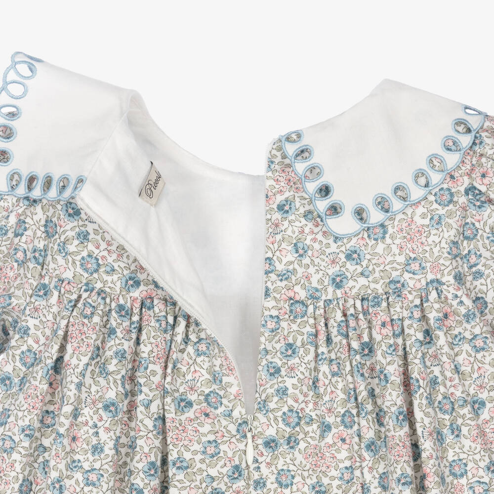 Piccola Speranza-Girls Blue Floral Cotton Dress with Embroidered Collar | Childrensalon