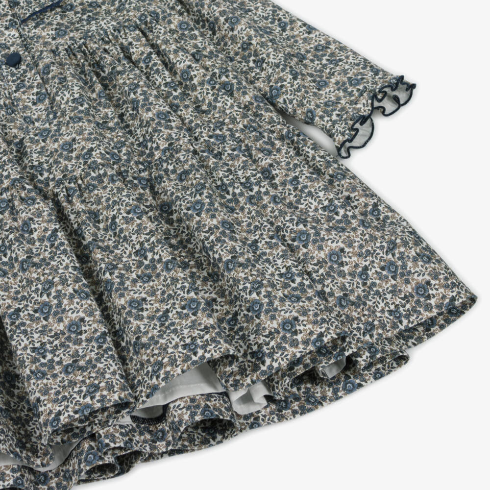 Piccola Speranza-Платье синее из хлопка с цветочным узором и бархатным воротником | Childrensalon