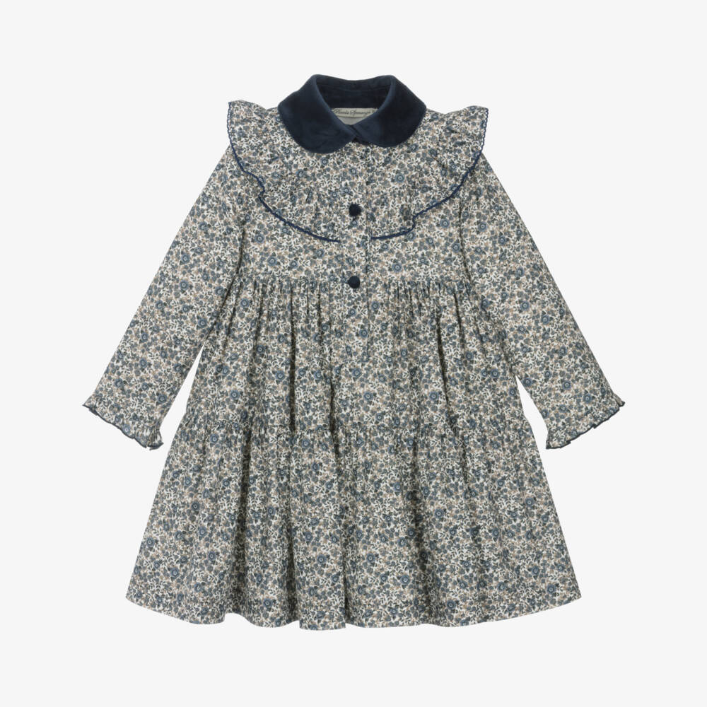 Piccola Speranza-Girls Blue Floral Cotton Dress with Velvet Collar | Childrensalon
