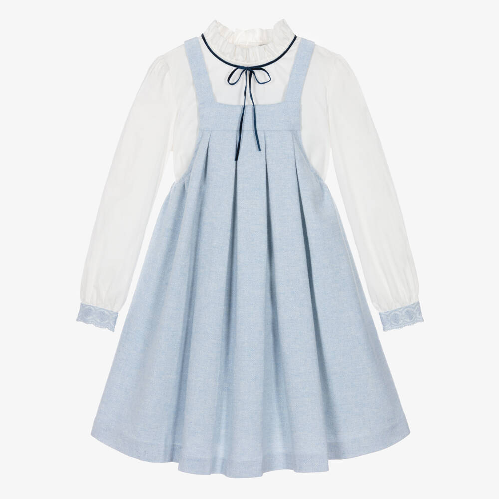 Piccola Speranza-Girls Blue Pleated Dress Set with Velvet Bow  | Childrensalon