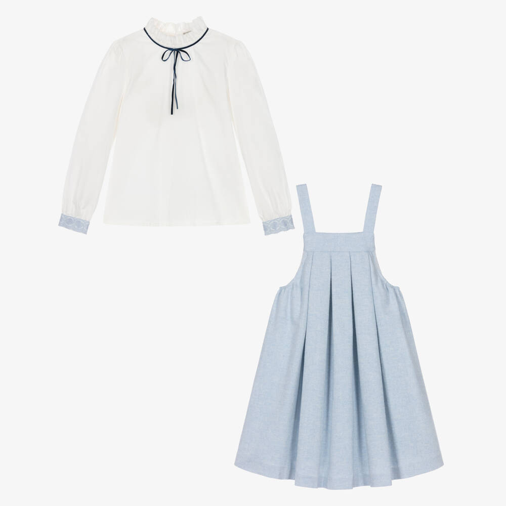 Piccola Speranza-Girls Blue Pleated Dress Set with Velvet Bow | Childrensalon